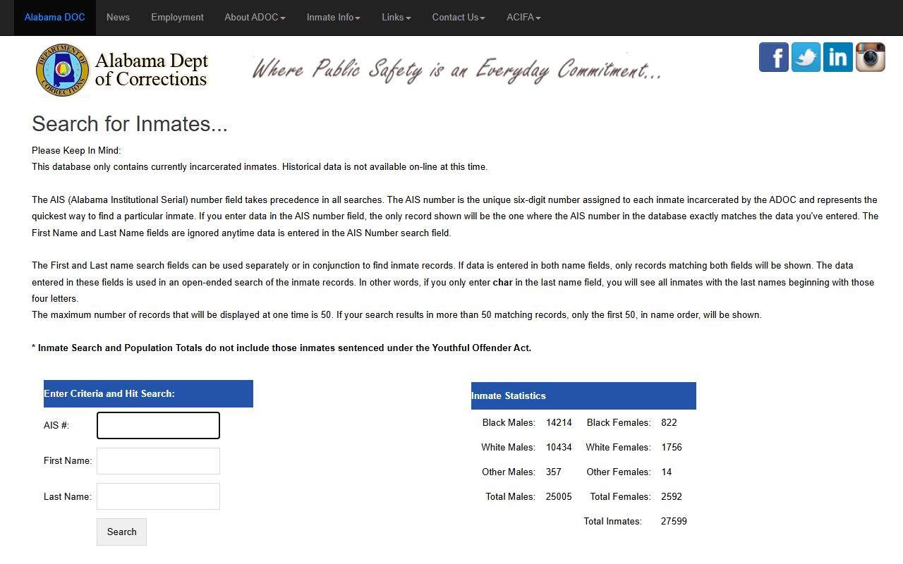 Statewide ADOC search covering the Clay County share of the state inmate population