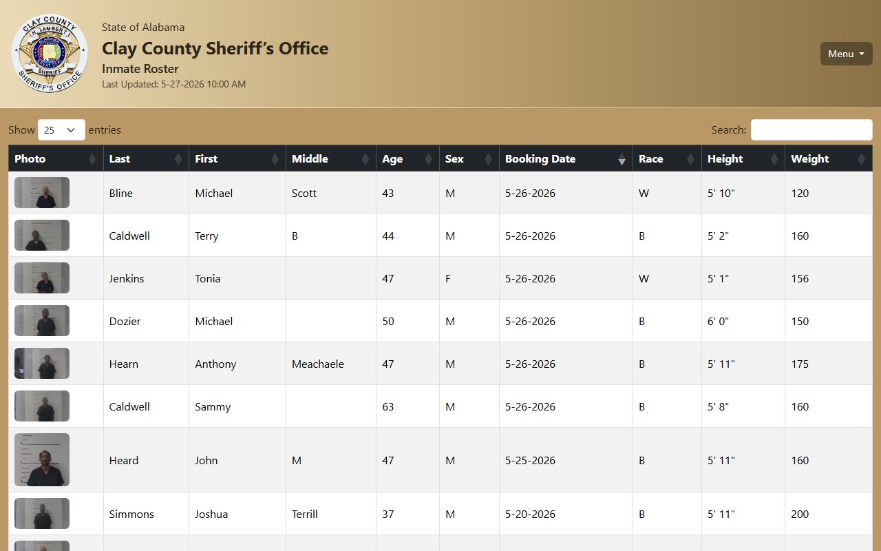 Clay County inmate records roster with current jail booking fields