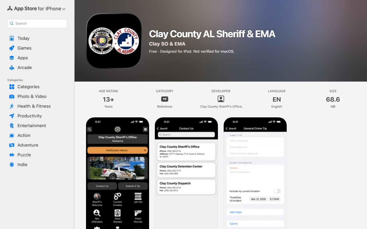 Clay County sheriff app listing tied to the county inmate population and alerts